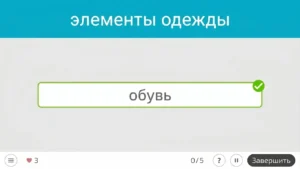 Интерфейс NeuronUP: категории на время, текст «элементы одежды», поле «обувь» отмечено верно и счётчик 3.