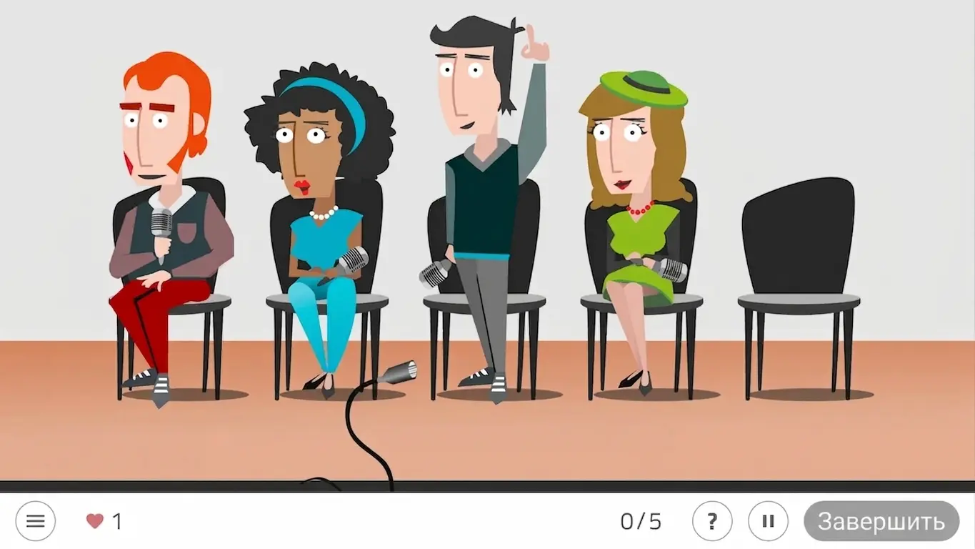 Четыре мультяшных персонажа сидят на стульях во время интервью, у каждого микрофон; видны ноутбук и блокноты.