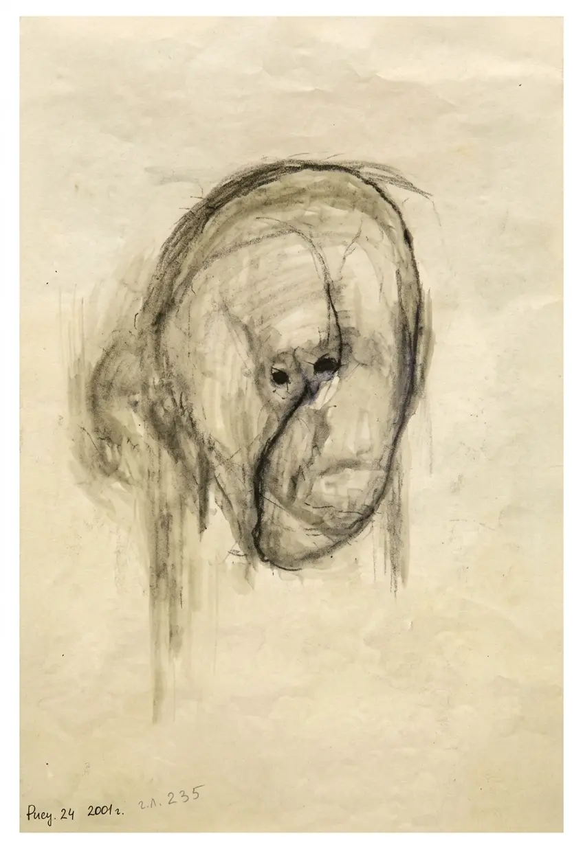 Автопортрет William Utermohlen на бумаге (2000), выполненный анфас выразительными штрихами и яркими цветами.