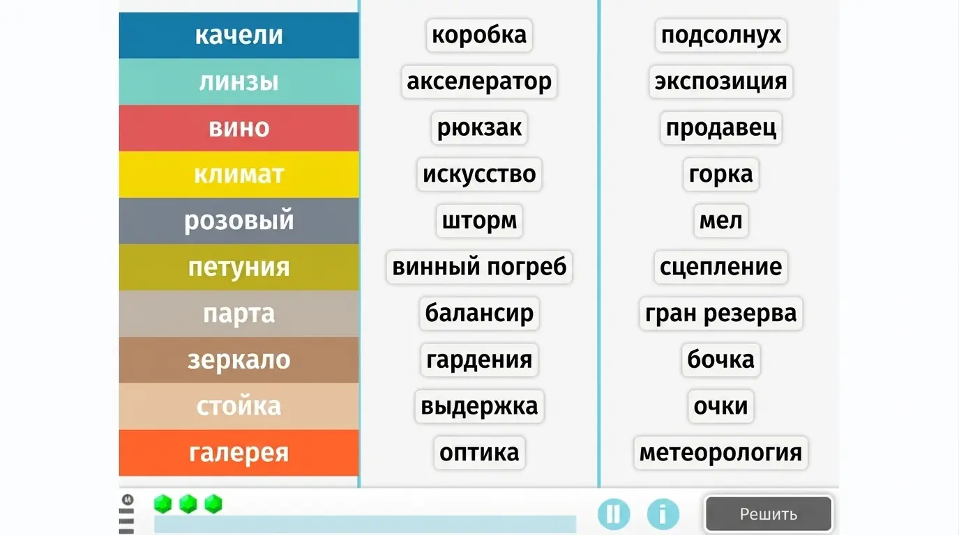 Снимок экрана NeuronUP с упражнением на соотнесение понятий: колонки слов для когнитивной реабилитации при психических расстройствах.