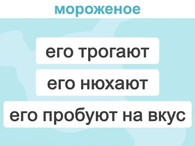 Обучающий рабочий лист по семантической памяти для детей: в верхней части указано слово «мороженое», а ниже показаны действия: его трогают, нюхают и пробуют на вкус; фон синий.