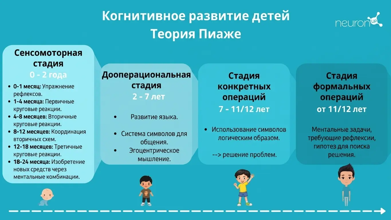 Визуальное резюме этапов когнитивного развития по Пиаже: сенсомоторный, дооперациональный, конкретных и формальных операций, с иллюстрациями.