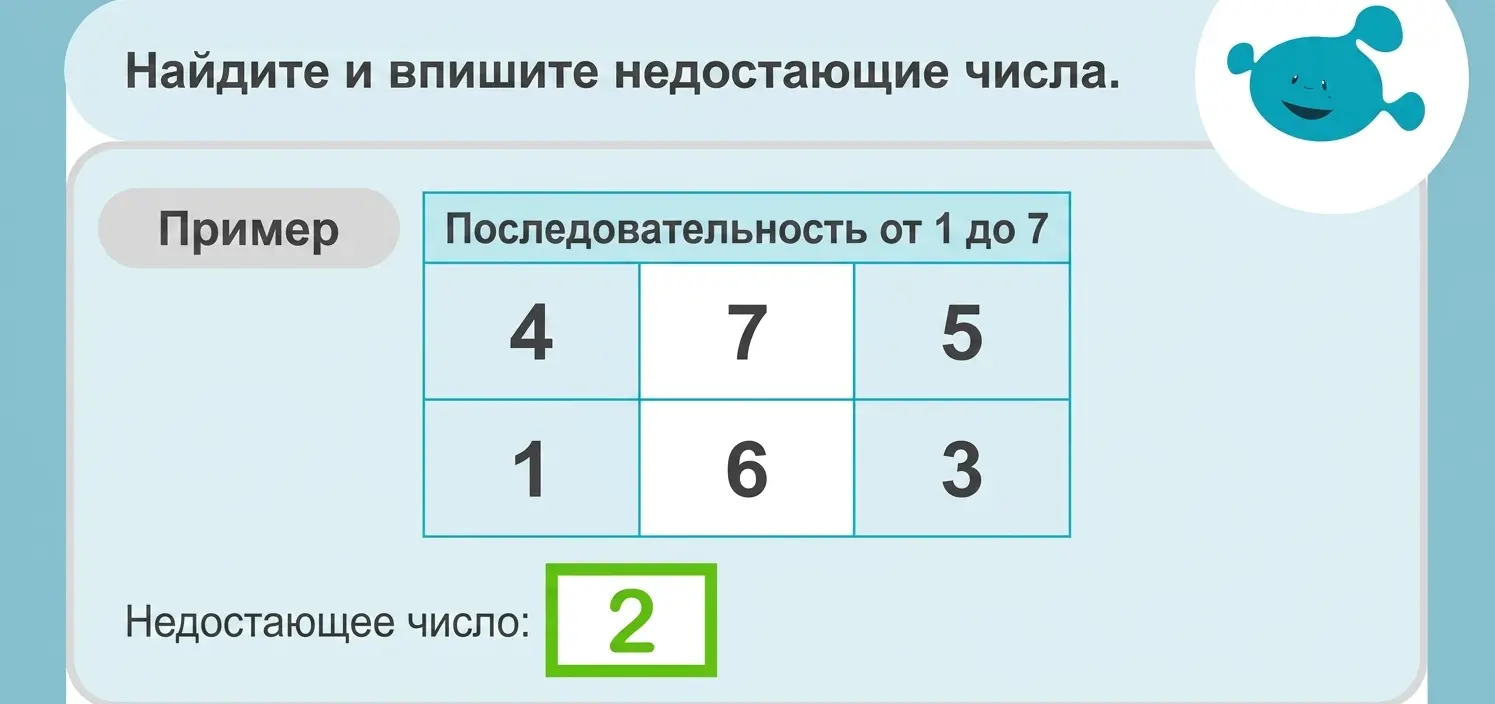 Иллюстрация NeuronUP с двумя таблицами числовых последовательностей; нужно найти пропущенное число (2), также изображен символ.