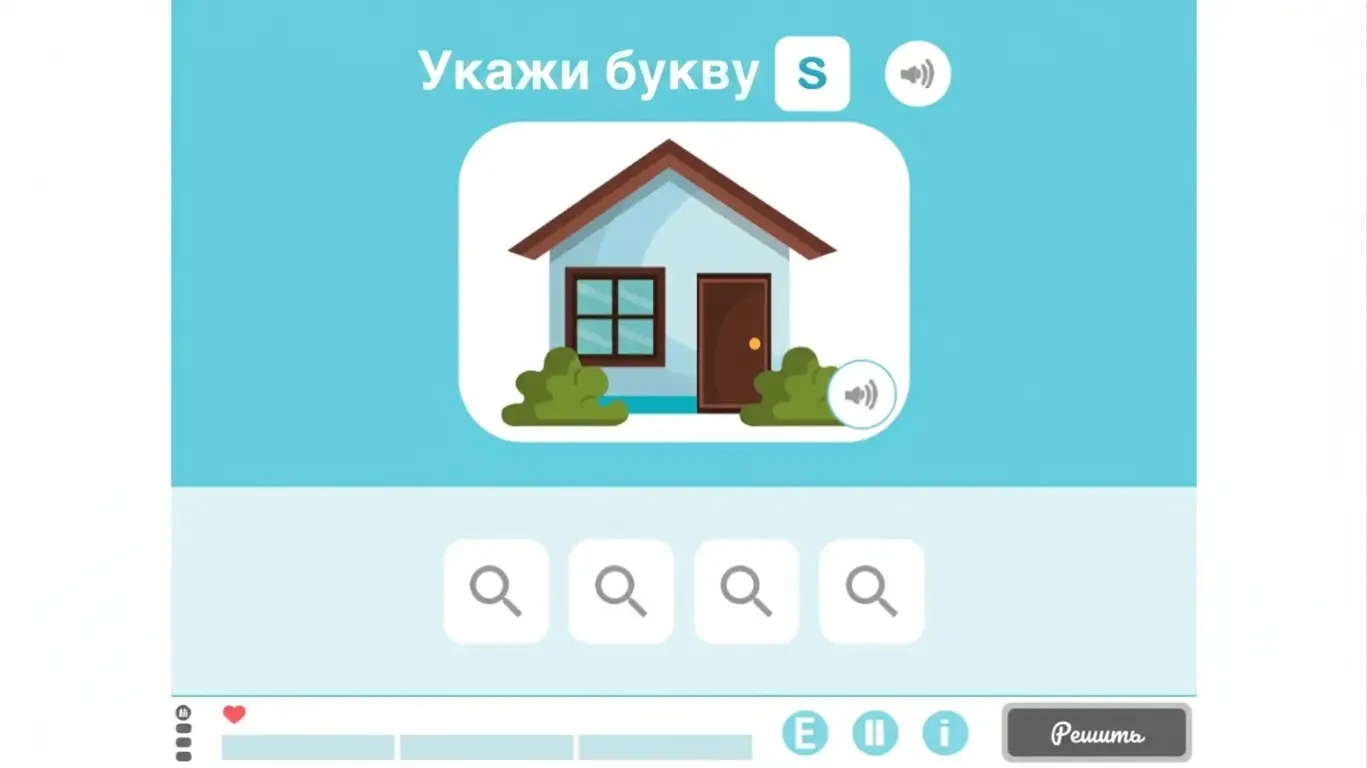 Образовательный интерфейс NeuronUP для тренировки различения букв у детей: инструкция «Укажи букву S» и инструменты для чтения или прослушивания.