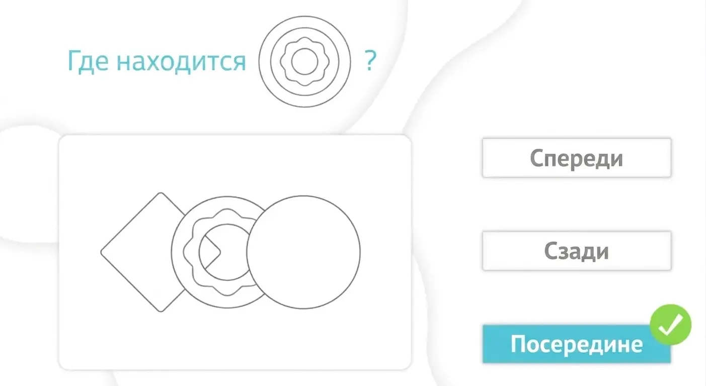 Два круга и квадрат с вопросом «Где находится?» и вариантами «Спереди», «Сзади» и «Посередине»; упражнение на гнозис.