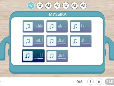 Интерфейс игры с 16 клетками и музыкальными элементами, значками уха и визуальной индикацией прогресса для тренировки слуха.
