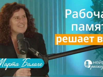 Образовательная иллюстрация рабочей памяти: мозг, блоки информации и стрелки; женщина перед микрофоном на синем фоне.