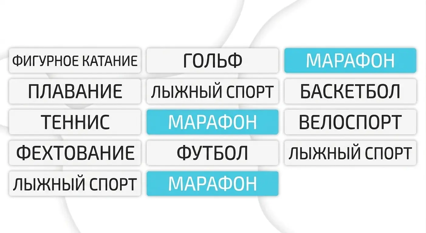 Интерфейс NeuronUP со спортивными терминами в столбцах; повторяющиеся слова, включая слово «марафон», выделены.