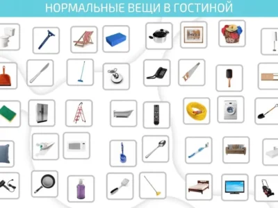 Интерфейс NeuronUP с пиктограммами бытовых предметов: унитаз, пляжный стул, швабра, телефон, пульт и пылесос; нужно выбрать элементы категории.