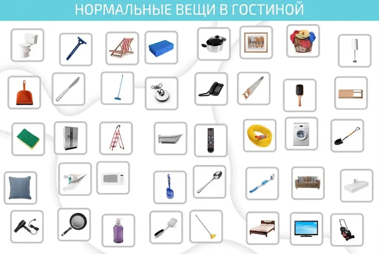 Интерфейс NeuronUP с пиктограммами бытовых предметов: унитаз, пляжный стул, швабра, телефон, пульт и пылесос; нужно выбрать элементы категории.