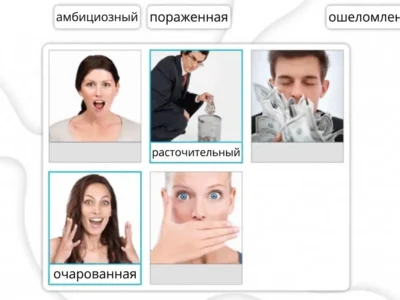 Набор из шести изображений с выражениями лица и словами в верхней части: «амбициозный», «изумленная», «потрясенная», «расточительный» и «очарованная».