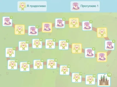 Игровое поле с пронумерованными клетками и разноцветными лягушками; вверху кнопки «Продолжить» и «Пропустить 1».