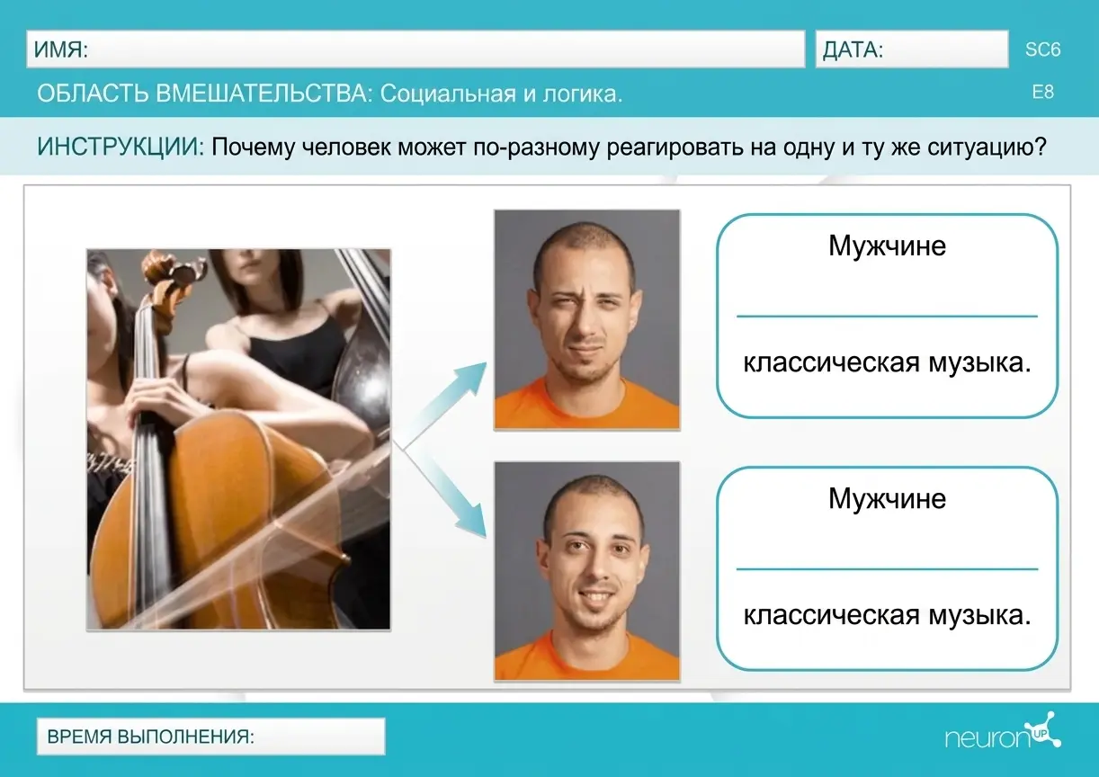 Обучающая сцена по социальной когниции: слева — виолончелист, справа — два изображения мужчины с разными выражениями лица в ответ на музыку.