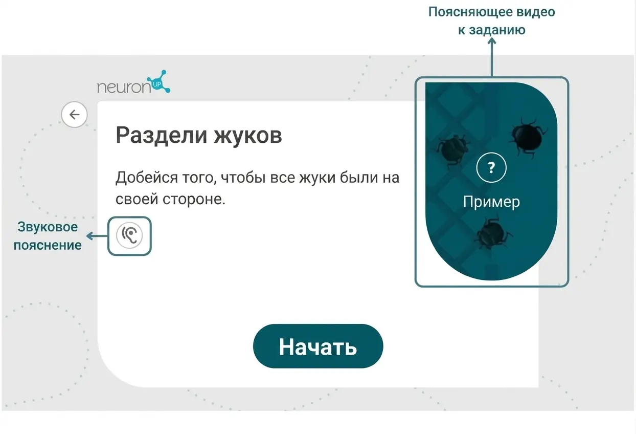 Снимок экрана NeuronUP: интерфейс обучающей игры с инструкцией «Разделите насекомых», пояснительным видео и кнопкой «Начать».