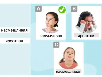 Три портрета лиц: задумчивая девочка с отметкой A, сердитый человек и гримаса; слева слова «насмешливая» и «яростная».