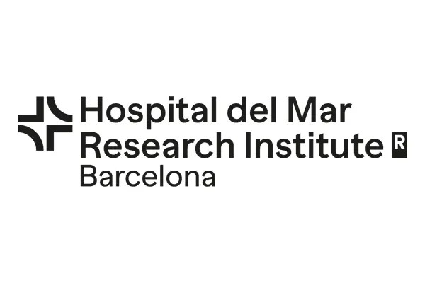 Логотип Hospital del Mar Research Institute, Барселона, с символом креста и названием современным шрифтом.