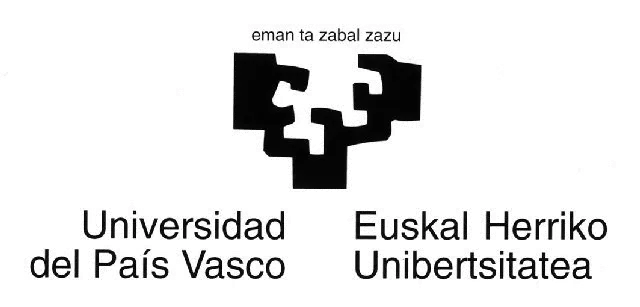 Чёрно-белый логотип Университета Страны Басков (Euskal Herriko Unibertsitatea) с абстрактным дизайном в виде пазла и текстами на испанском и баскском языках.