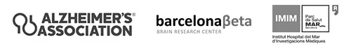Светло-серые логотипы Alzheimer’s Association, Barcelonaβeta Brain Research Center и IMIM на белом фоне.