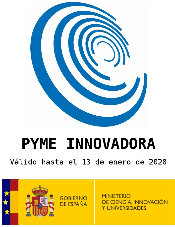 Сертификат PYME INNOVADORA с изогнутым логотипом; действителен до 13-01-2028; с гербом Испании и логотипом правительства Испании.