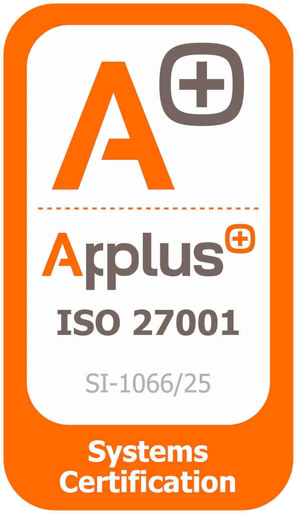 Logo de certificación Applus+ para ISO 27001 con texto A+ y SI-1066/25, colores naranja y gris, y un símbolo superior tipo suma.