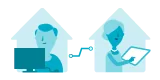 Dos figuras estilizadas en azul, una ante computadora y otra con tableta, conectadas por un símbolo de enlace que indica interacción remota.