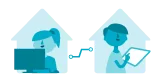 Ilustración en tonos azules: mujer frente a una computadora y hombre con tableta, estilo gráfico sencillo.