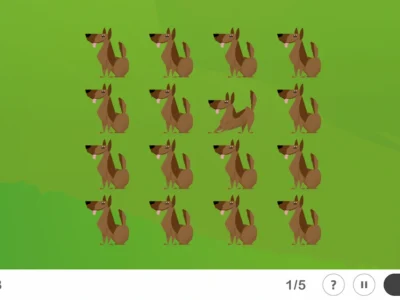 Pantalla de juego con 20 perros marrones sobre fondo verde; perro móvil para señalar y controles en la parte inferior.