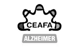 Logotipo minimalista de CEAFA: texto 'CEAFA' arriba y 'ALZHEIMER' abajo; diseño en negro y gris, inspirado en cerebro.