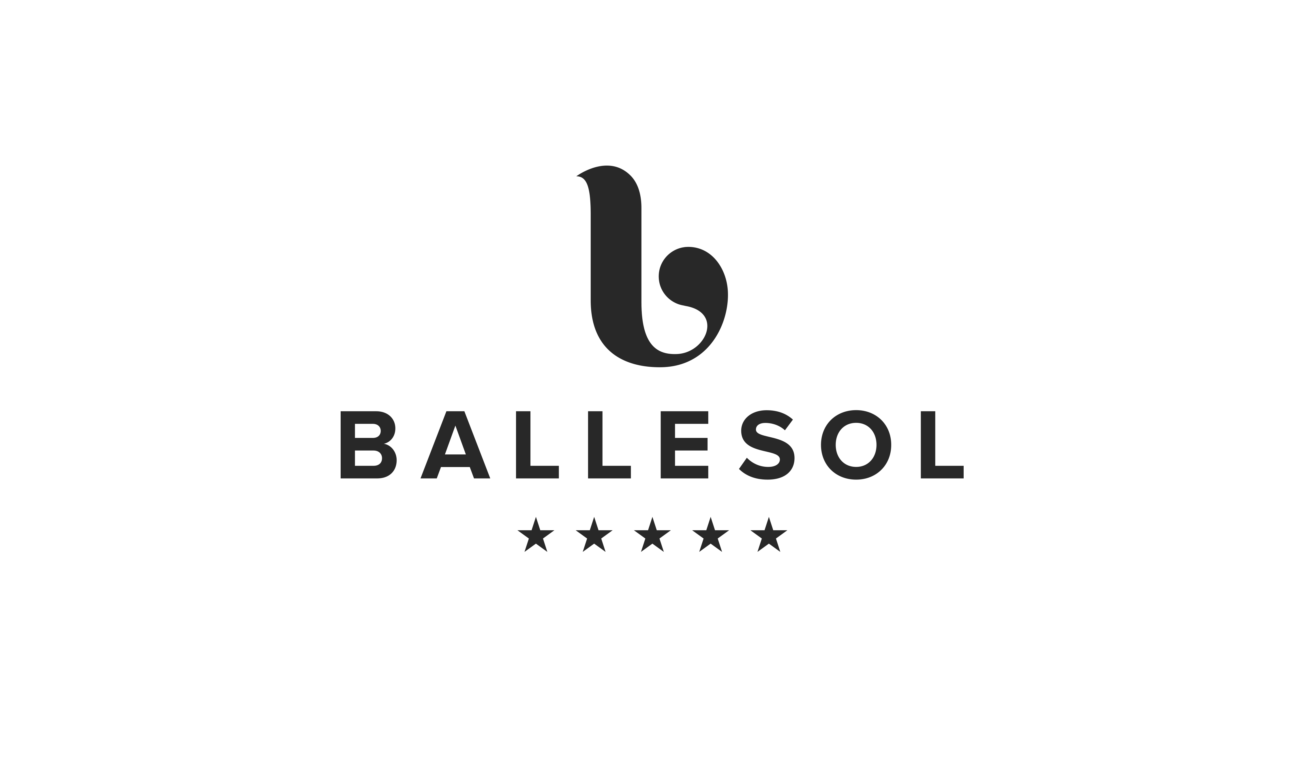 Logotipo de Ballesol sobre fondo negro: letra 'b' estilizada, nombre de la marca en tipografía clara y cinco estrellas que sugieren calidad.