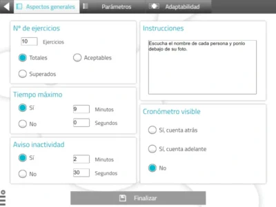 Interfaz de NeuronUP con ajustes de dificultad: número de ejercicios, tiempo máximo, cronómetro y aviso de inactividad.