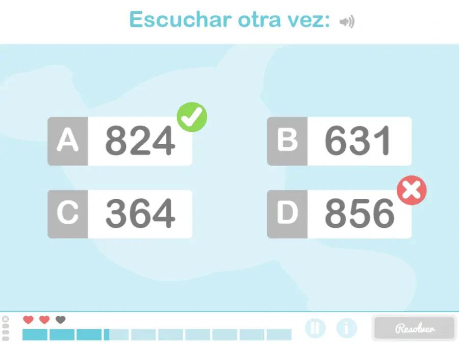 Ficha de NeuronUP para trabajar la discriminación en niños: ¿Qué número escuchas?.