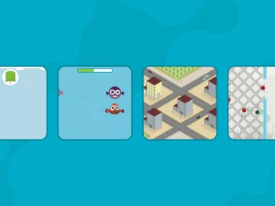 Grupo de niños y adultos realizando ejercicios cognitivos con tarjetas y dispositivos, bajo supervisión profesional.