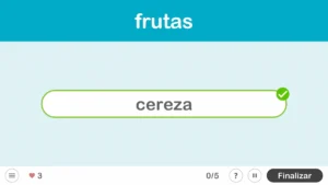 Interfaz de NeuronUP para la categoría relámpago 'frutas': título, campo con 'cereza' verificada y 0/5; botón Finalizar.