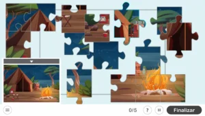 Rompecabezas en la interfaz de NeuronUP: piezas de colores por encajar, escena al aire libre con fogata, carpas y árboles.