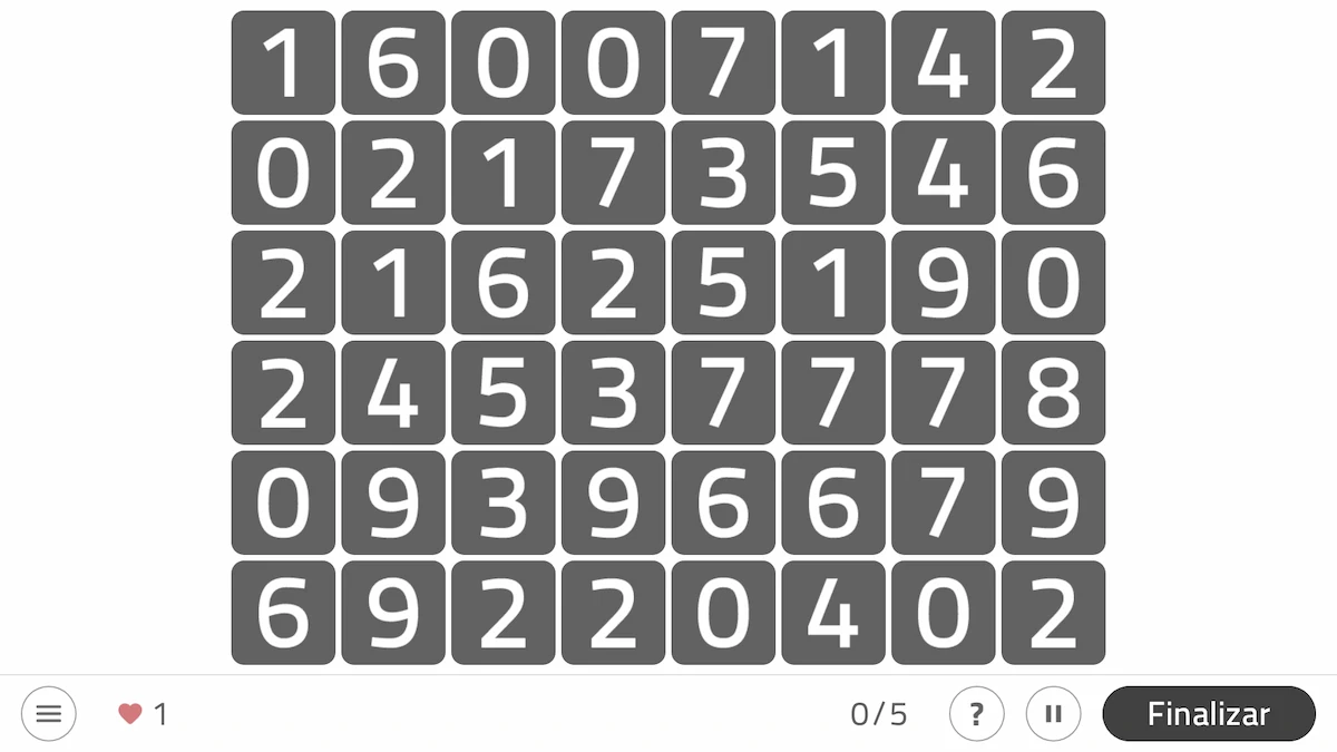 Interfaz de NeuronUP con cuadrícula 6x6 de números 0–9, icono de corazón y contador, y botón Finalizar en la esquina.