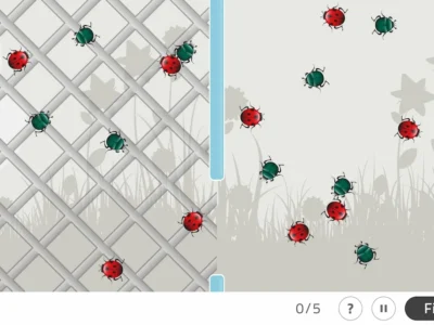 Pantalla de la actividad Separa los bichos: mariquitas rojas con manchas negras en rejilla y verdes en área natural.