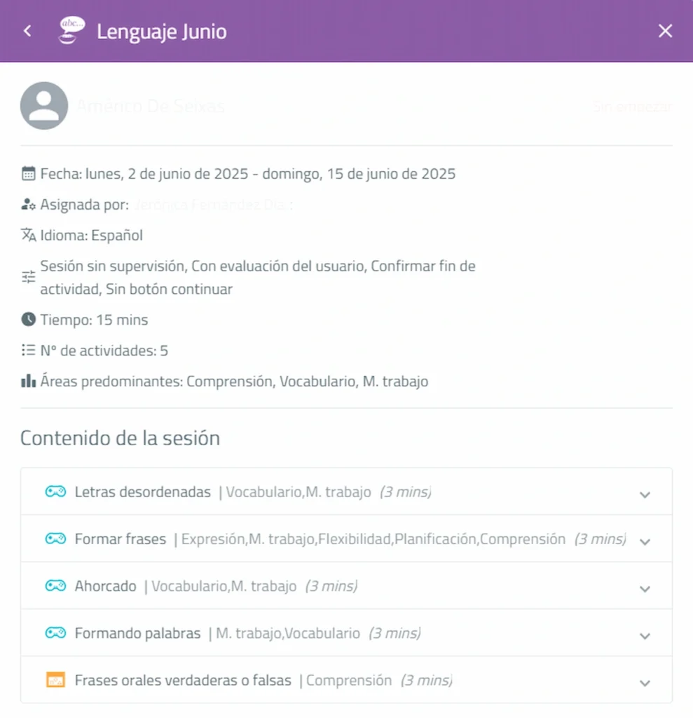 Ejemplo de sesión con NeuronUP para trabajar el área de lenguaje con los usuarios de la residencia.