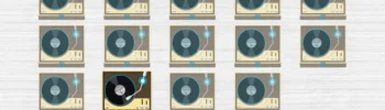 Cuadrícula de 16 casillas con tocadiscos antiguos, uno en reproducción, iconos de progreso y un indicador de vidas sobre fondo claro.