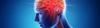 Perfil humano lateral con cerebro iluminado en rojo y fondo azul, enfatizando TCE y evaluación neuropsicológica.