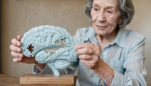 Mujer mayor sostiene un rompecabezas con forma de cerebro e intenta encajar una pieza, enfatizando la conectividad cerebral.