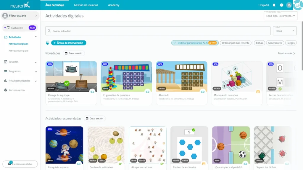 Interfaz de la plataforma NeuronUP