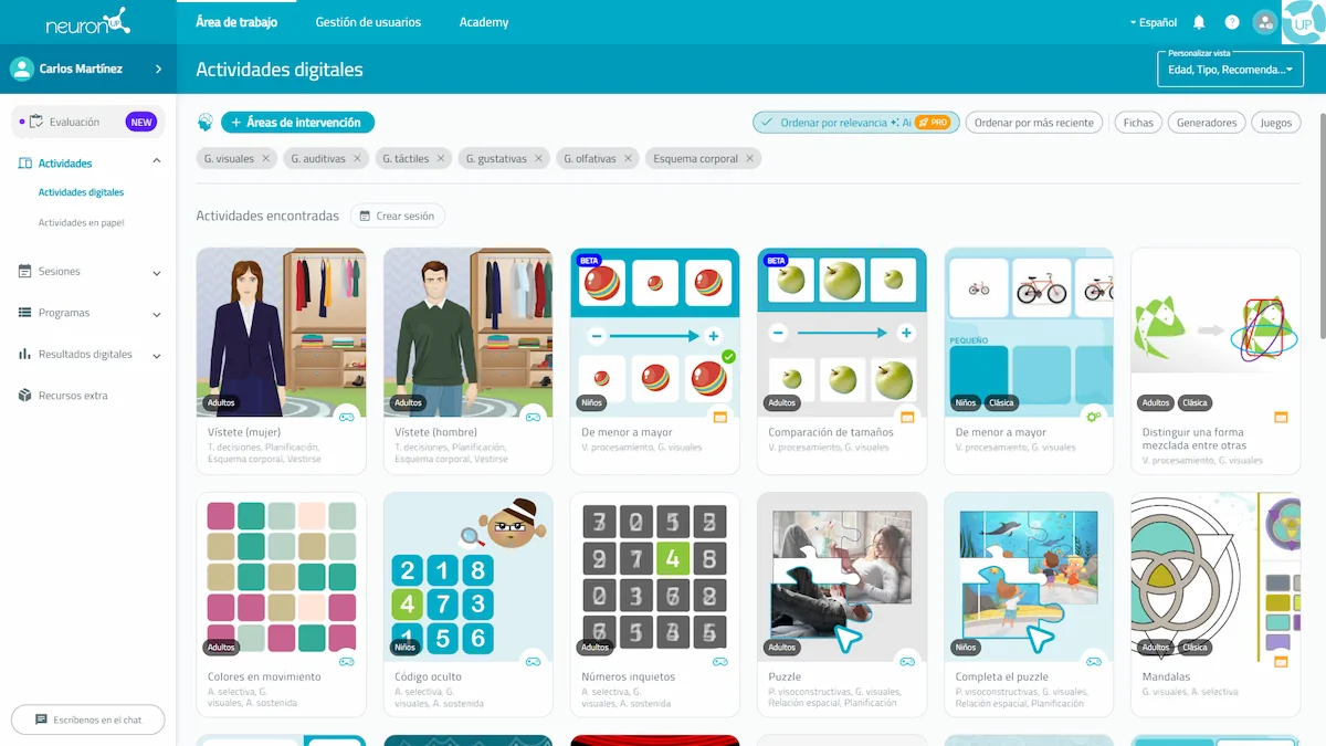 Interfaz de la plataforma. Actividades de NeuronUP para Gnosias