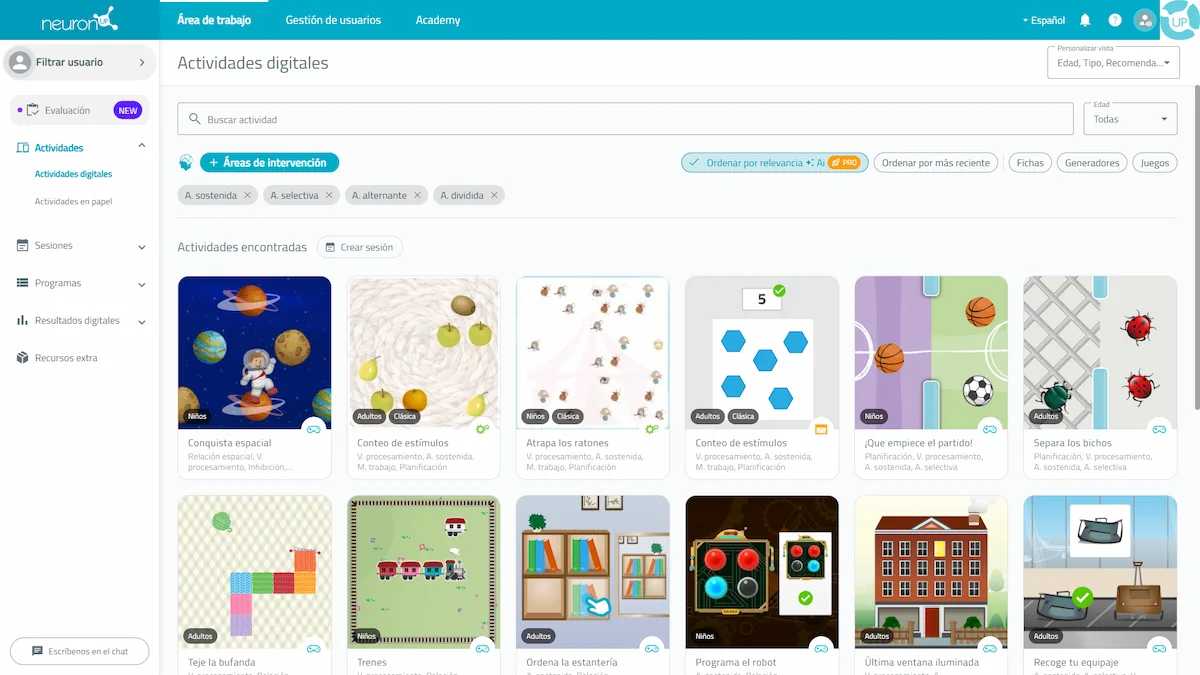 Interfaz de la plataforma. Actividades de NeuronUP para la Atención