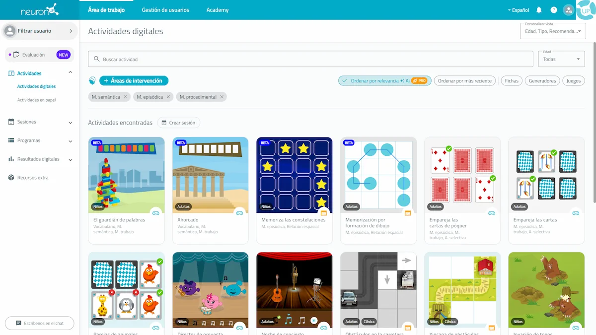 Interfaz de la aplicación. Actividades de NeuronUP para la memoria.