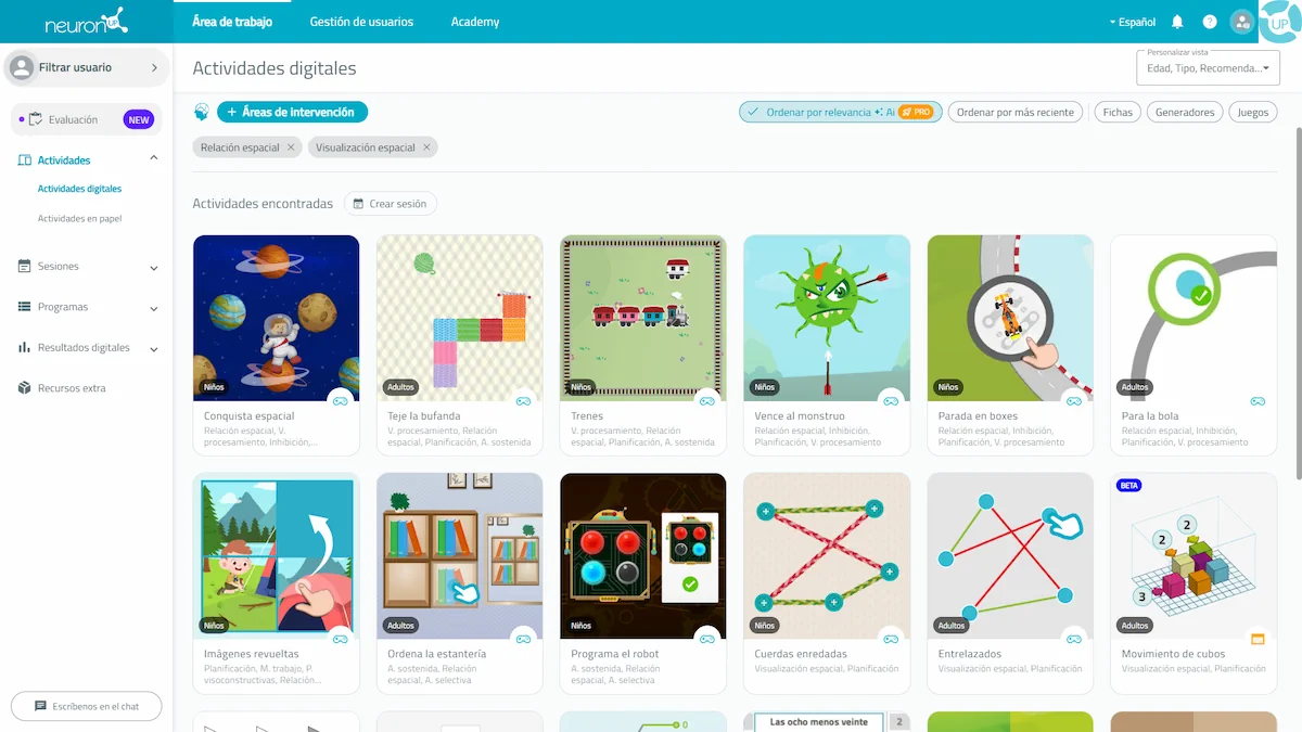Interfaz de la aplicación. Actividades de NeuronUP para las habilidades visoespaciales