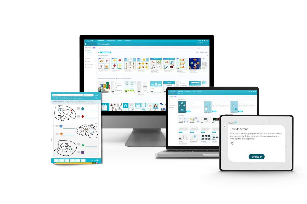 NeuronUP en diferentes dispositivos (monitor, portátil, tablet, papel)