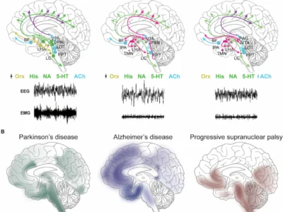 Redes neuronales implicadas en la regulación del ciclo sueño-vigilia y distribución de la patología en diferentes enfermedades neurodegenerativas.