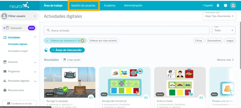 Plataforma de NeuronUP con la pestana Gestion de usuarios resaltada en el menu superior.