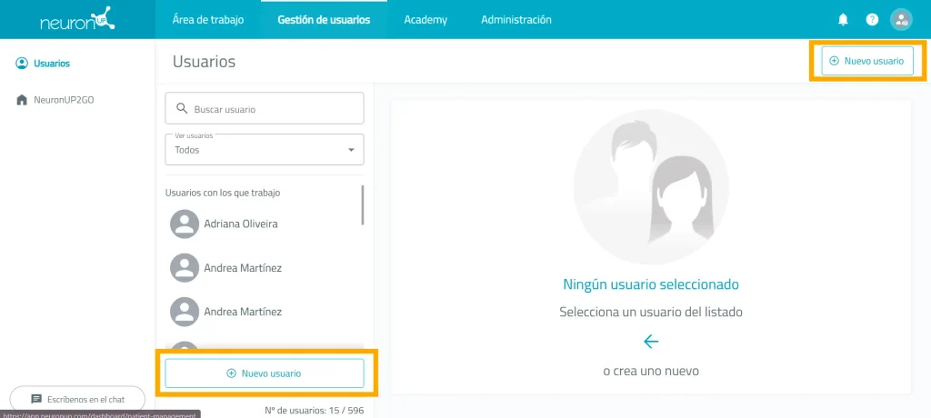 Pantalla Usuarios de NeuronUP con el boton Nuevo usuario resaltado en la parte superior derecha y en el lateral izquierdo.